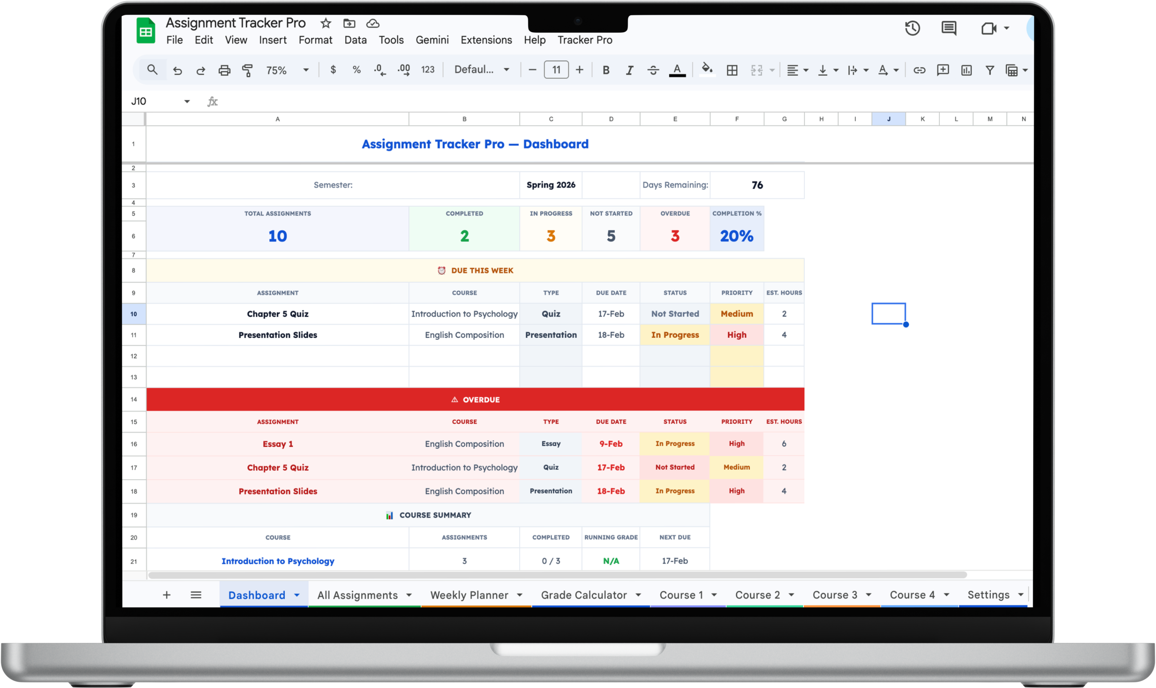Assignment Tracker Pro Dashboard — assignment overview with due dates, priorities, and course breakdown